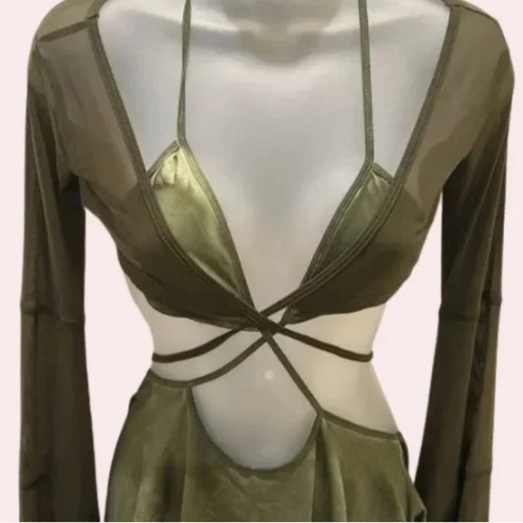 Darker Wavs Dolls Kill ‘ECHO’ Asymmetrical Mesh Dress Dress Green NWT XL - Picture 5 of 11